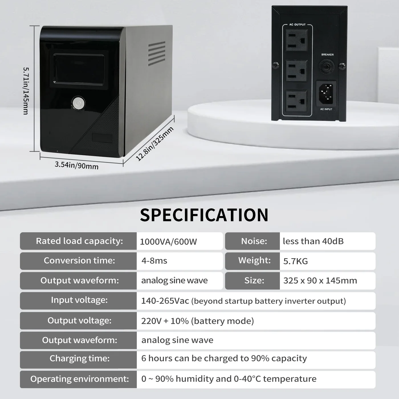 1000VA/600W 120V UPS Fuente de alimentación Batería Energía en espera con 3 salidas y pantalla LCD Protector contra sobretensiones para el hogar y la oficina