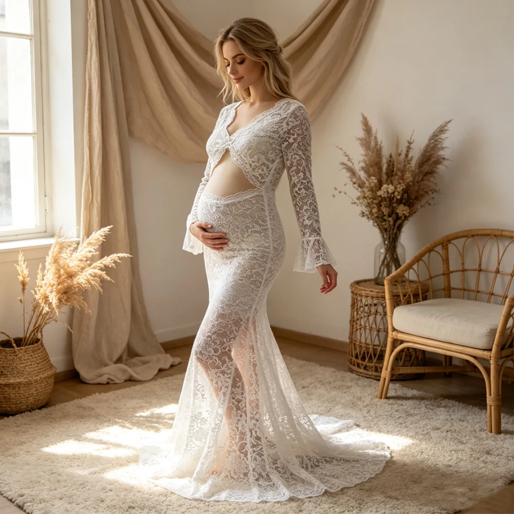 elastic-lace-maternity-photoshoot-gown-flare-sleeve-hollow-waist-pregnancy-dress-for-women-bohemian-pregnant-photography-dress