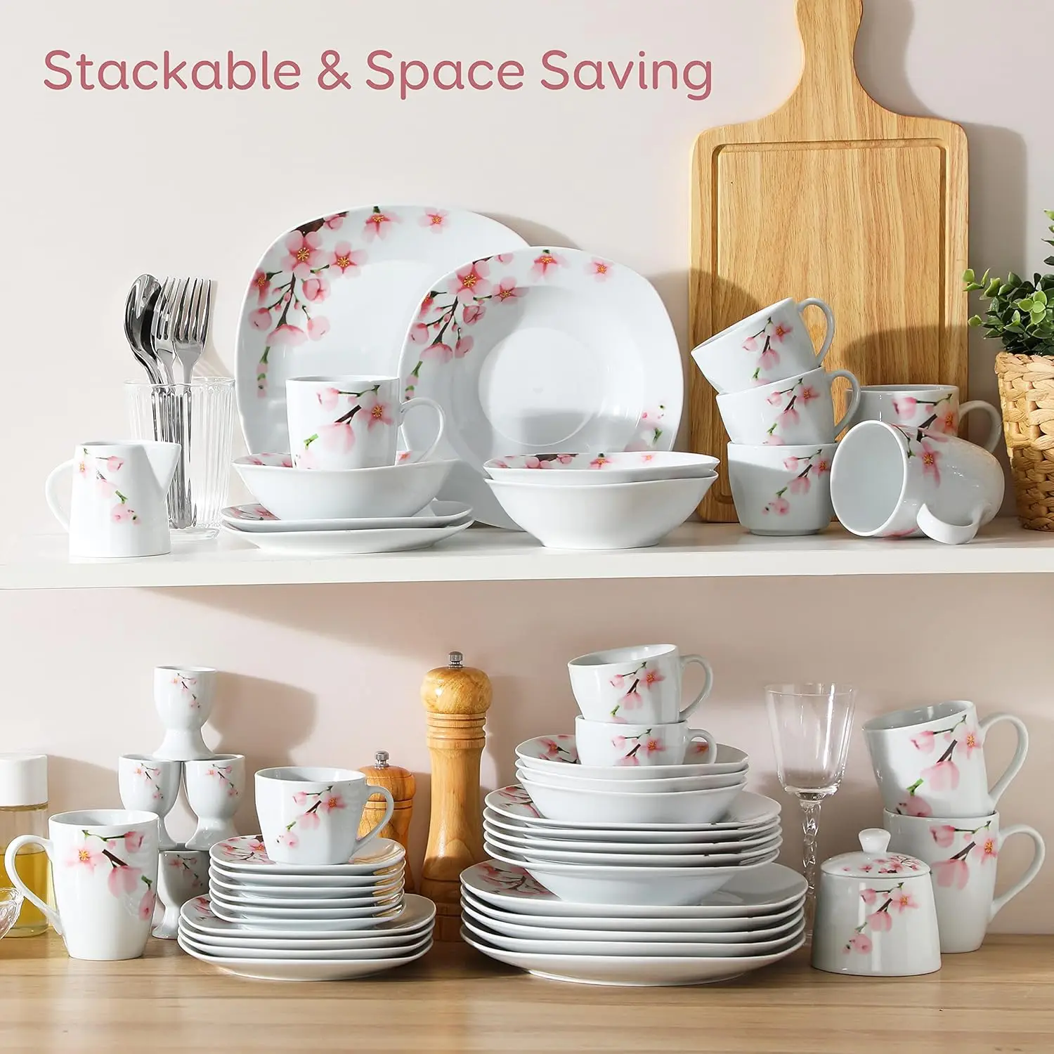 VEWEET, Series Annie, 50 PCS Floral Dinnerware Sets for 6, Including Porcelain Plates and Bowls Sets with Mugs, Egg Stands