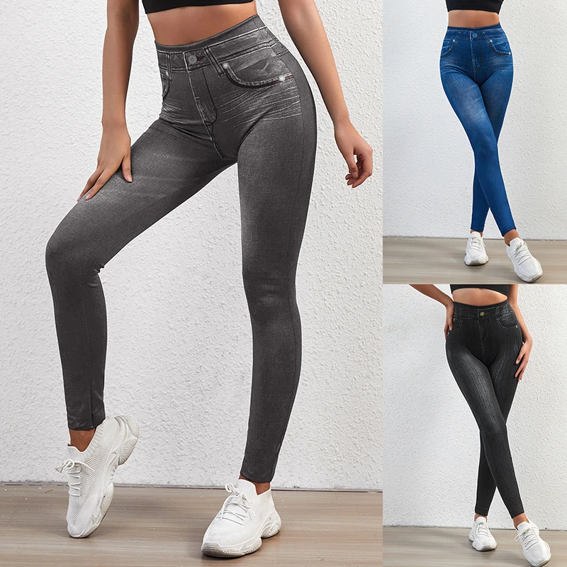 New Stretch Well Fitness Fake Pockets High Waist Leggings Faux Denim Jeans Sexy Elastic Jeggings Soft Casual Thin Pencil Pants