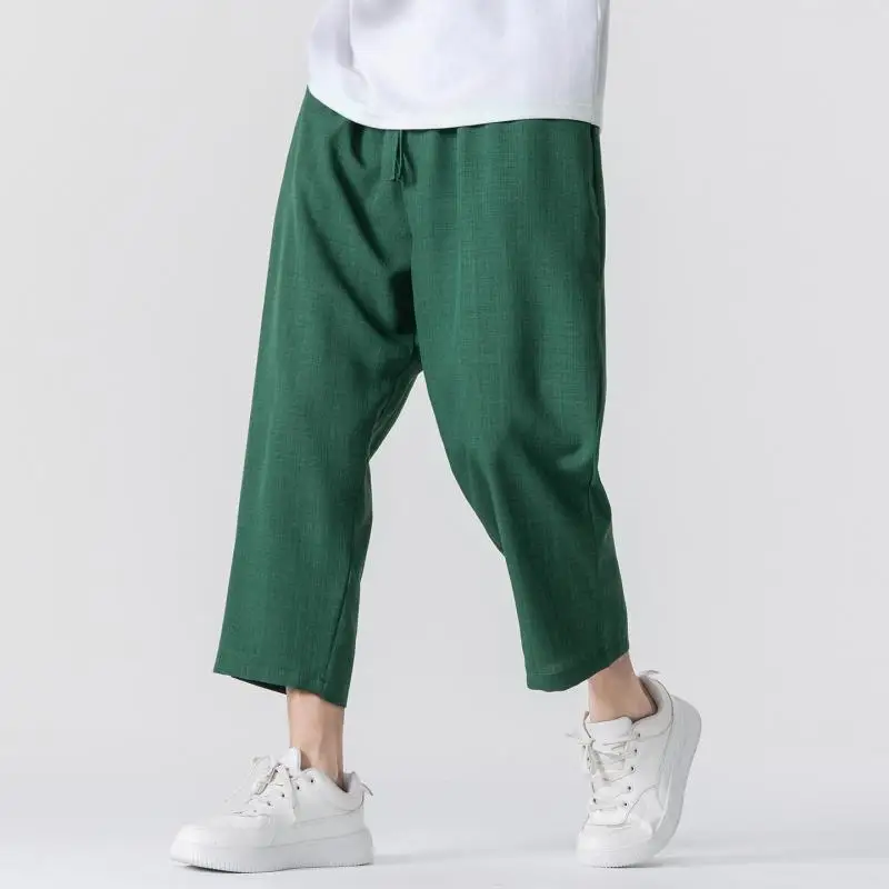 Men Chinese Summer 3/4 Length Harem Pants Casual Trousers Lightweight Breathable Elastic Drawstring Waist Streetwear Bottoms 5XL