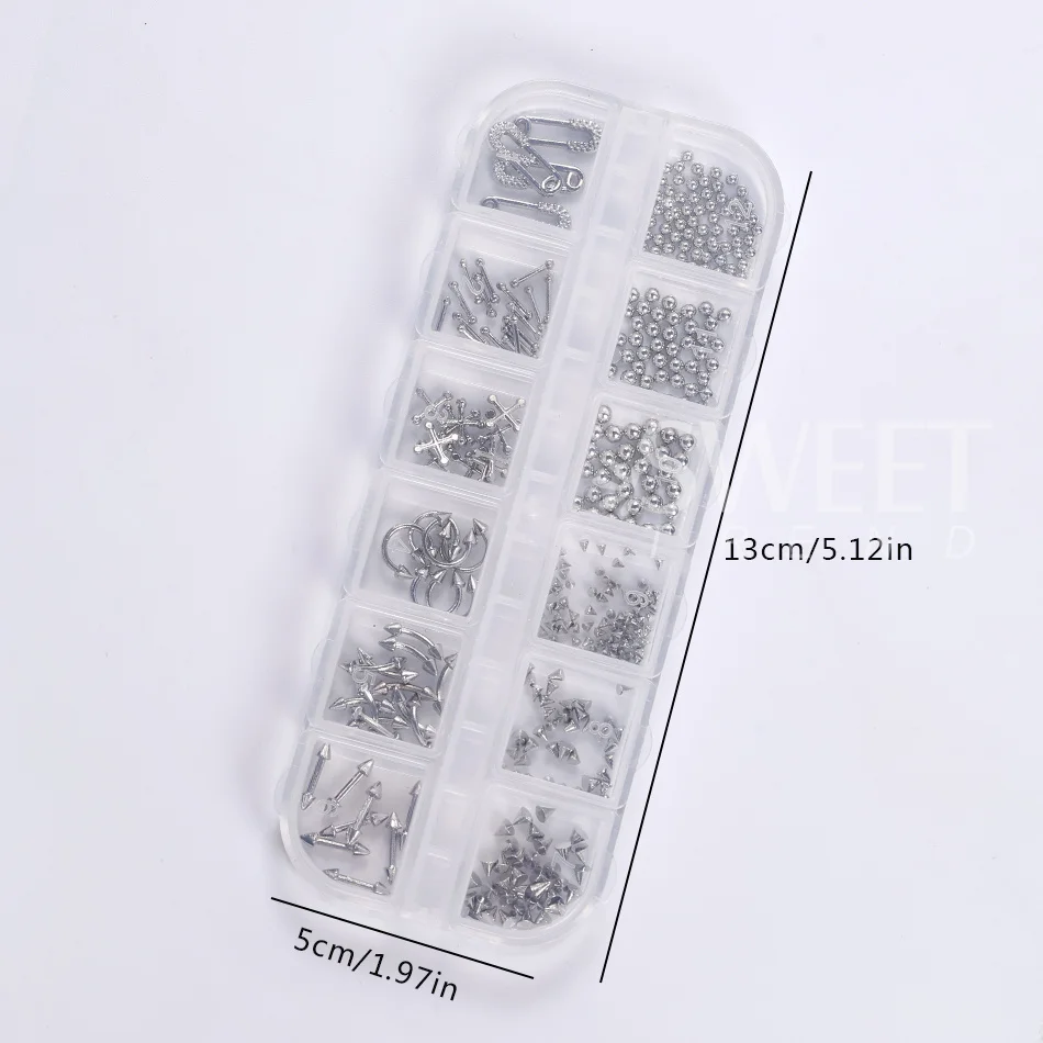 12er-Set Gothic Punk Piercing Kurvenpfeil Silber Nagelnieten Y2K Perlen Kegelnieten Nagelteile DIY Halloween Maniküre Dekoration – Detail 7