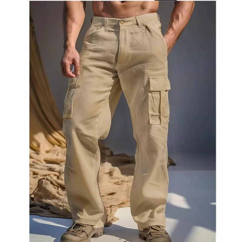 Men's Khaki Linen Cargo Pants Loose Straight Leg Multi-pocket Casual Trousers