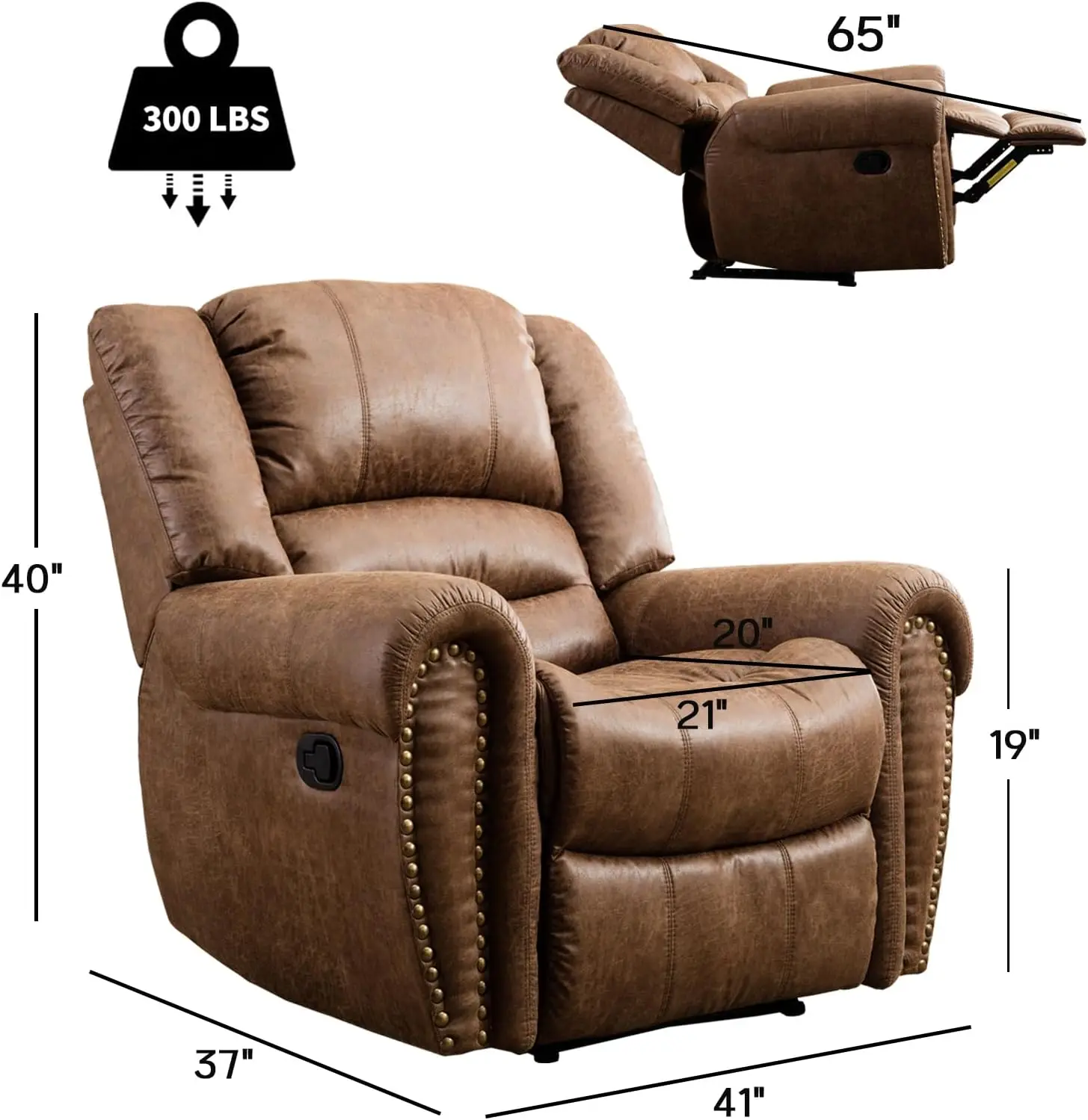 Leather Recliner Chair, Classic and Traditional Manual Recliner Chair with Comfortable Arms and Back Single Sofa for Living Room