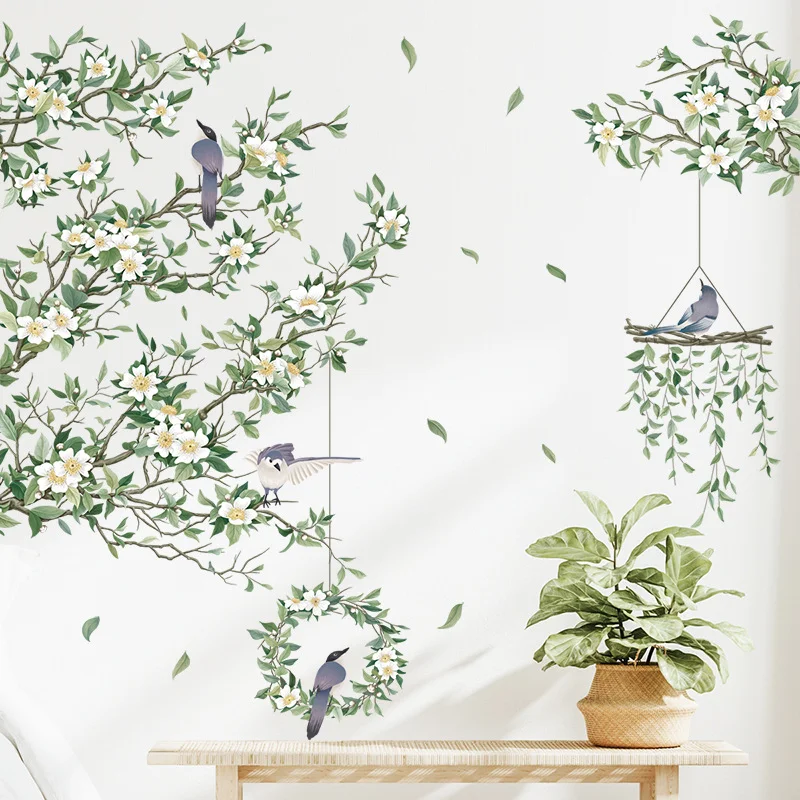 Watercolor White Bloom Branch & Grey Bird Wall Stickers, Hanging Twig Garland Falling Leaf Living Room Decor