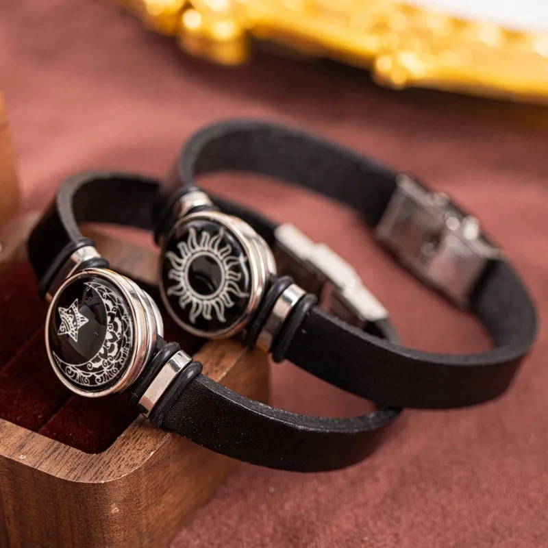 2-Piece Luminous Sun Moon Faux Leather Strap Bracelet Retro Minimalist Unisex