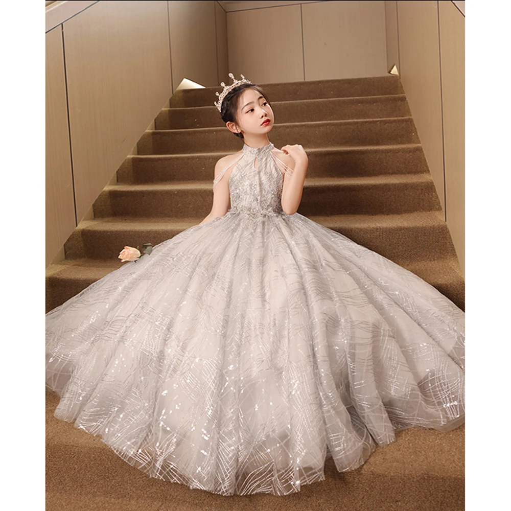 3-9T Girl‘s Princess Dress Shinning Light Luxury Halter Beading Off Shoulder Tassels Prom Gown Children's Performance Dresses