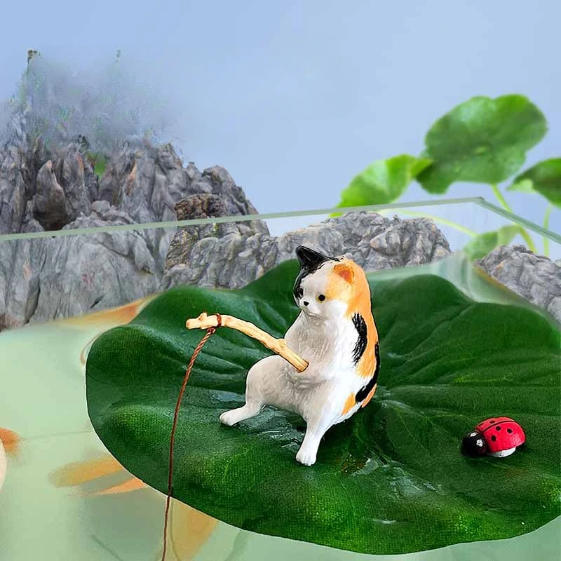 Mini Small Aquarium Ornament Fishing Cat Fish Tank Landscaping Cartoon Cat Statue Interesting Miniature Fishbowl Decor