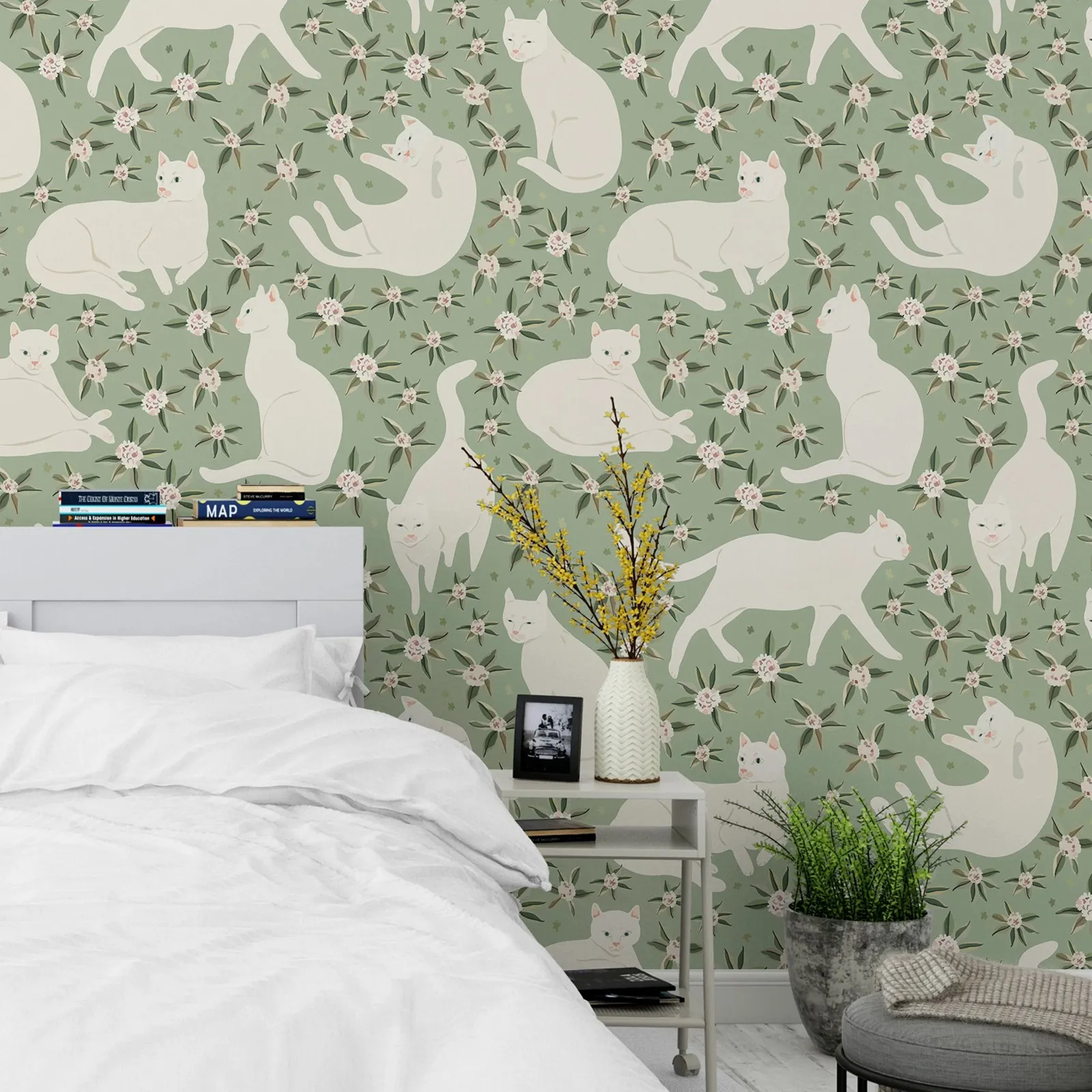 Vintage Wallpaper Cute Cat, Peel and Stick Wallpaper,Traditional Un-paste Or Removable Self Adhesive Wall Mural For Kids Room