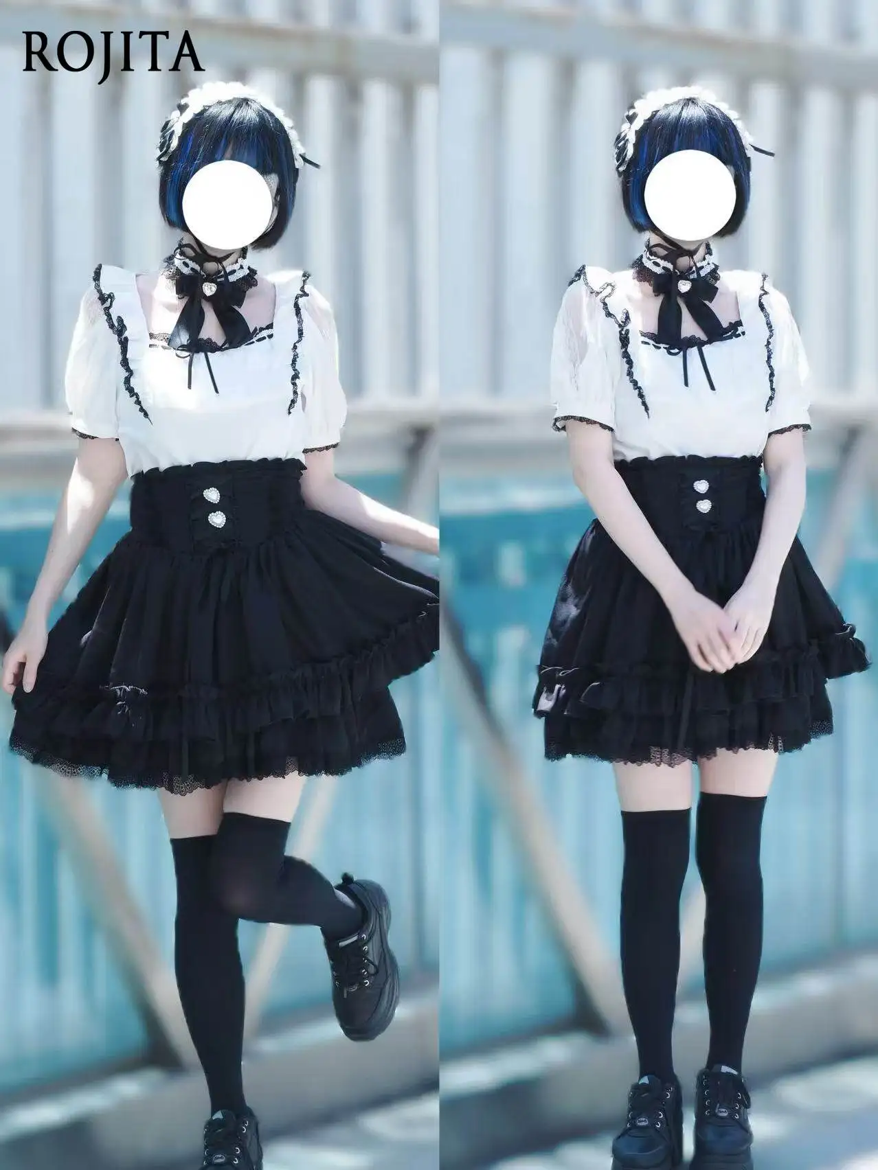 

Ruffle Skirt Set Summer New Gothic Lolita Lace Ruffle Blouse Two-dimensional Set Black and White Lace Bow Shirt and Skirt