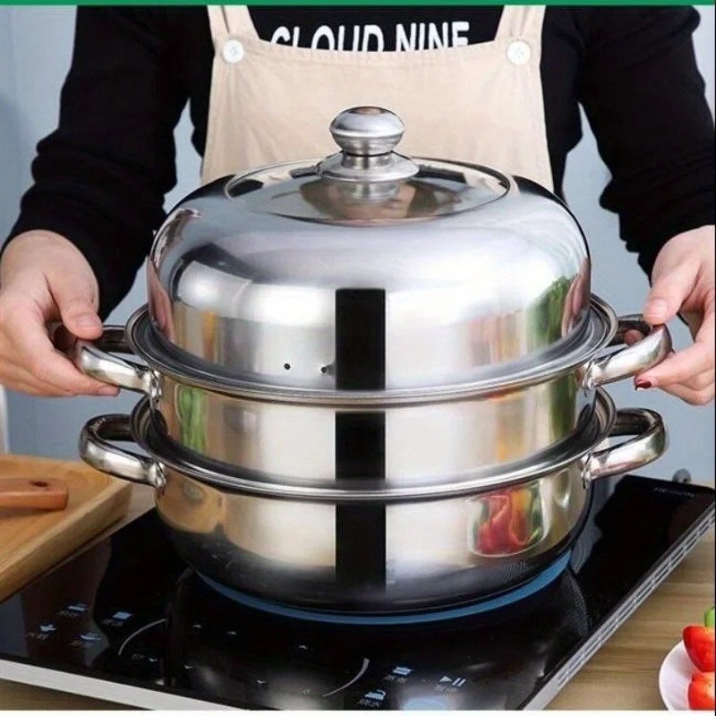 1pc11inch stainless steel three-layer steamer, steaming under boiling, two ears anti-hot, suitable for steamed buns, fish, soup