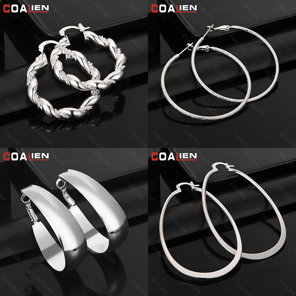 

COALIEN 925 Sterling Silver Frosted Large Hoop Earrings Elegant And Versatile Women'S Banquet Wedding Jewelry