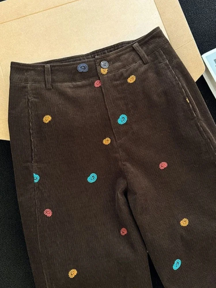 Kaki pantalons décontractés femmes taille haute ample brodé jambe large coupe droite pantalon automne hiver nouveau Sle trajet Sle