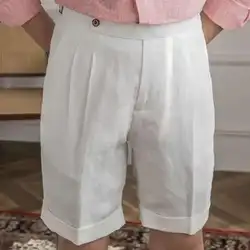 100% Linen Summer Straight Naples Shorts Men Solid Color Business Dress Pants Office Social Casual Slim Fit Shorts
