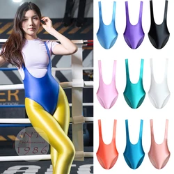 MJINM Women Silky Smooth Oil Glossy High Slit Jumpsuit Solid Fitness Yoga Tights Suspenders Shoulder Strap Athletics Sports Suit