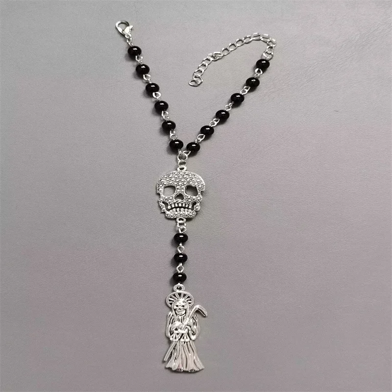 Pulsera de Rosario de Santa Muerte, joyería de recuerdo de la Muerte mexicana, santo de la Muerte, regalo de santuario de sacrificio, Skully