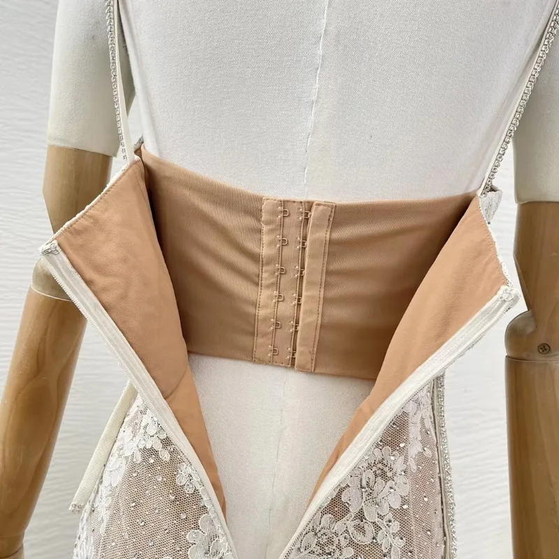Diamonds Women New Autumn Top Quality 2024 White Lace Patchwork Sleeveless 3D Flower Decoration Lady Camisole Mermaid Maxi Dress image 6