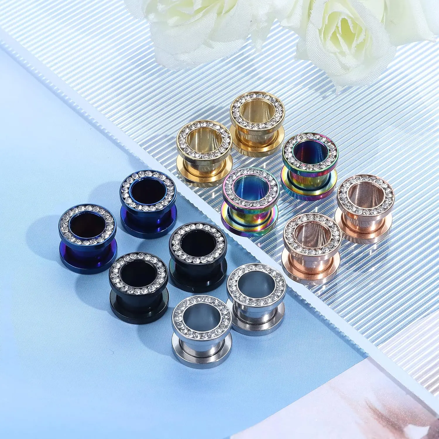 1Pair CZ White Zircon Ear Tunnel Expander Stainless Steel Earrings Ear Stretcher Piercings Jewelry Double Flared Screw Fit Ear