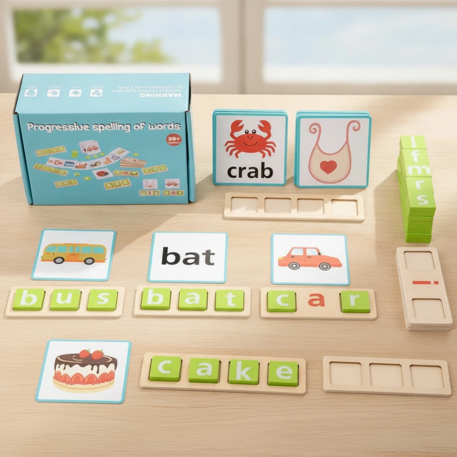 Wooden Spelling Board with Letter Tiles Colorful Word Matching Game Letter Block Set with Cards Smooth-Edged Educational Toy