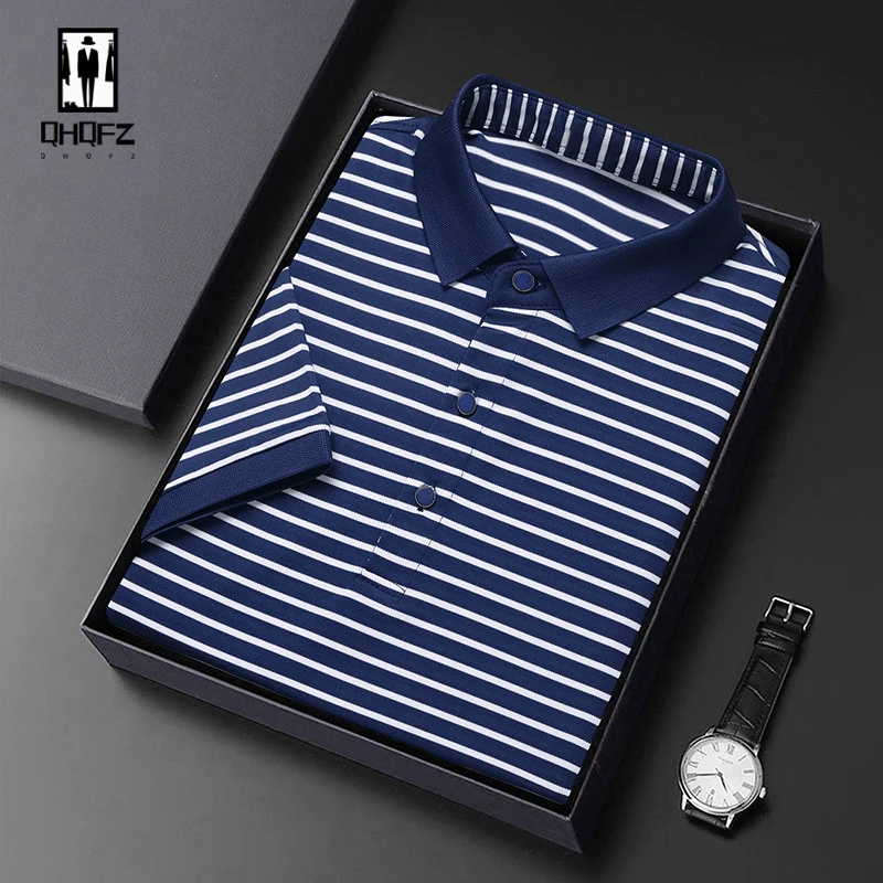 2024 Men\'s New Striped Cotton Business Casual Short Sleeved POLO Shirt Fashion Short Sleeved Comfortable and Breathable Top