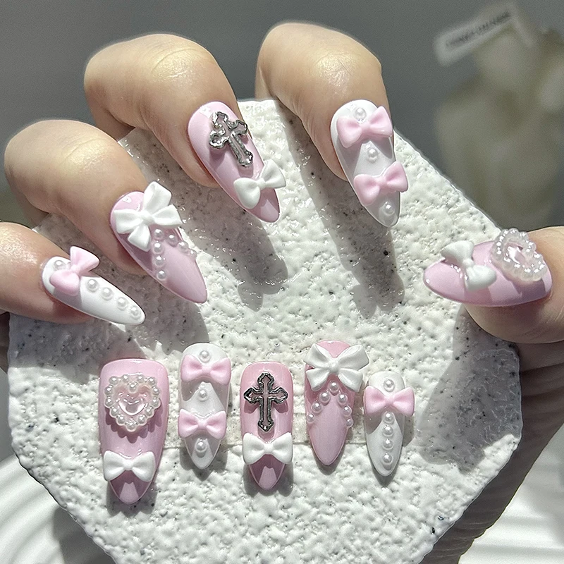 

10 шт. Y2K Spice Girls Bow Pearls Cute Pink White Handmade Press On Nails Heart Cross Yami Kawaii Art Накладные ногти