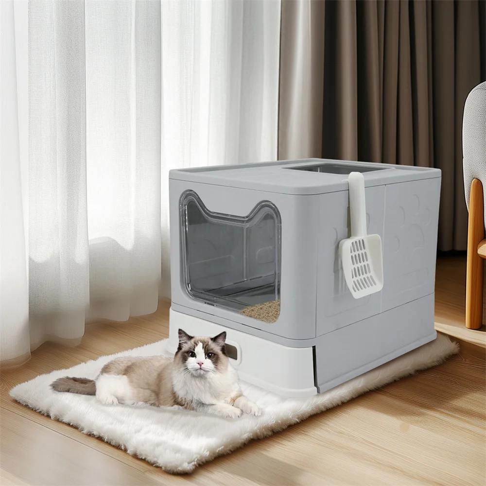 Enclosed Stainless Steel Cat Litter Box with Lid Scoop Large Litter Box Covered Top Entry Litter Pan High Sided Easy Cleaning