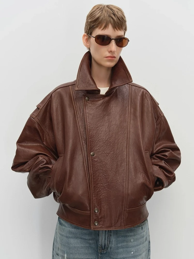 Vintage Short Genuine Leather Jackets for Women Autumn Winter 2025 High-end Simple Classic Bubble Real Sheepskin Quilted Coats