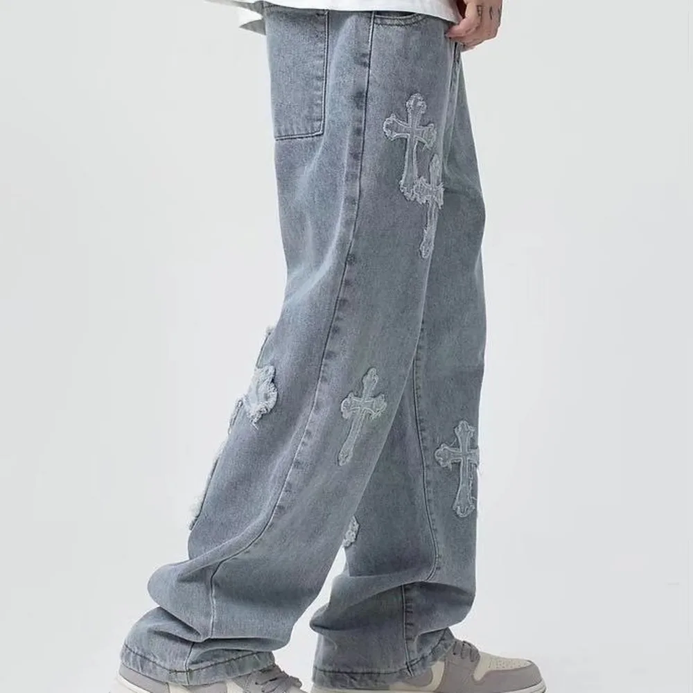 джинсыMen Streetwear baggy jeans trousers Cross hip hop Mens Loose Jeans Pants Women oversized Boyfriend Jeans Denim Jeans