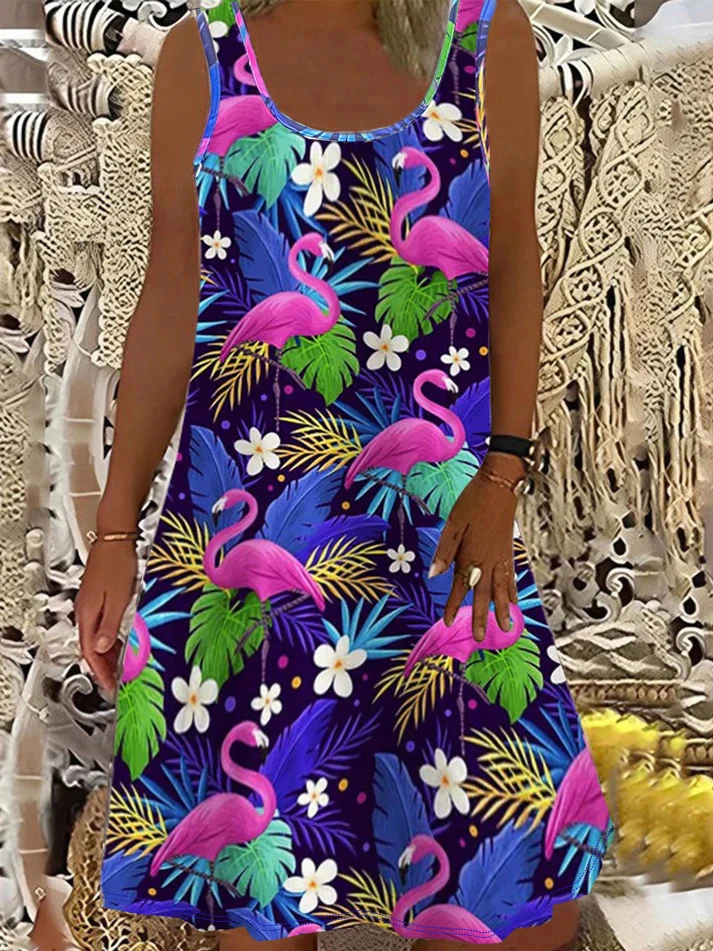 Plus Size Plant & Flamingo Print Tank Dress, Casualowa sukienka bez rękawów SlimDress na wiosnę i lato, odzież damska w dużych rozmiarach