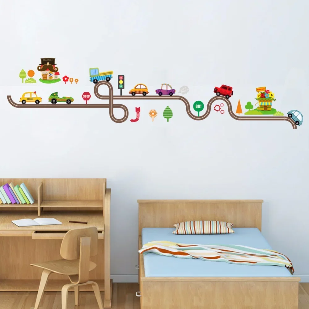 Pegatinas de pared de pista de carretera de coches de dibujos animados para habitaciones de niños, pegatinas de arte para decoración de dormitorio de sala de juegos para niños