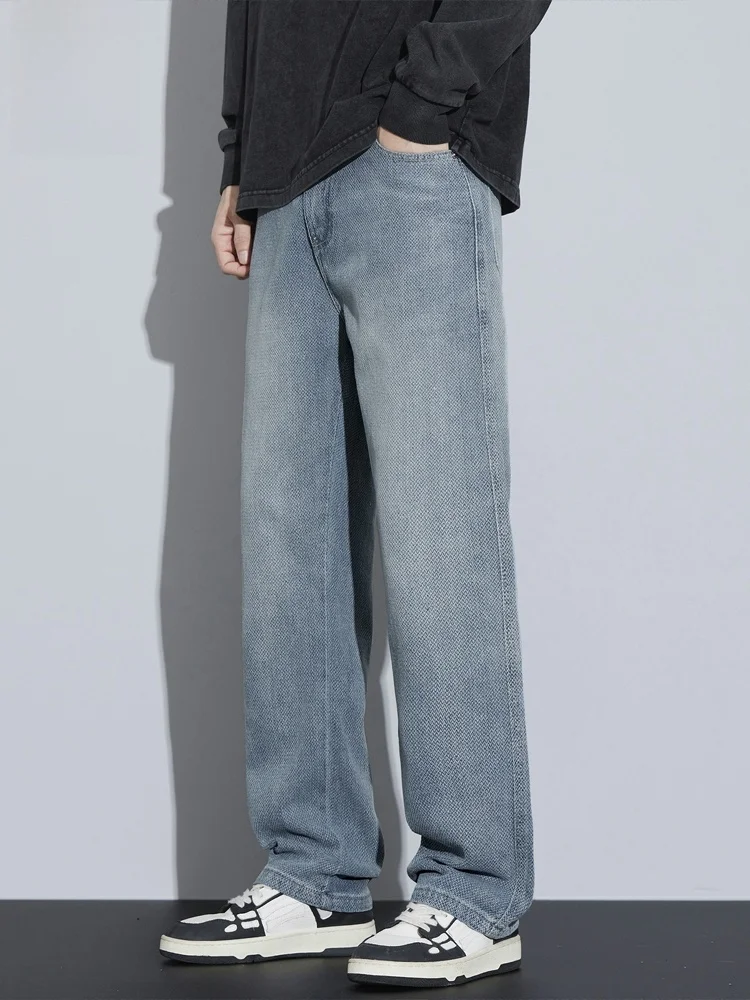 Męskie jeansy o prostych nogawkach, luźny krój, styl vintage, amerykański nadruk Gwieździsta Noc, codzienne, mieszanka bawełny i poliestru, odzież zimowa.