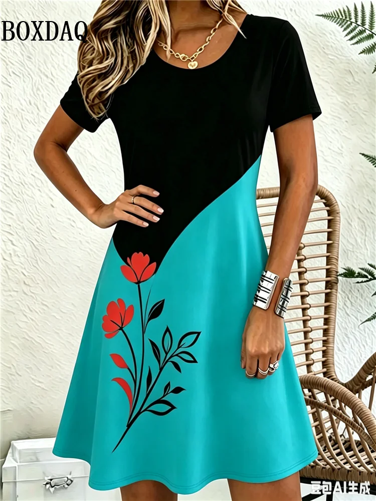 Sundress Black White Contrast Color Flowes Print Dresses For Women 2026 Summer Clothing Plus Size Short Sleeve Loose Short Dress