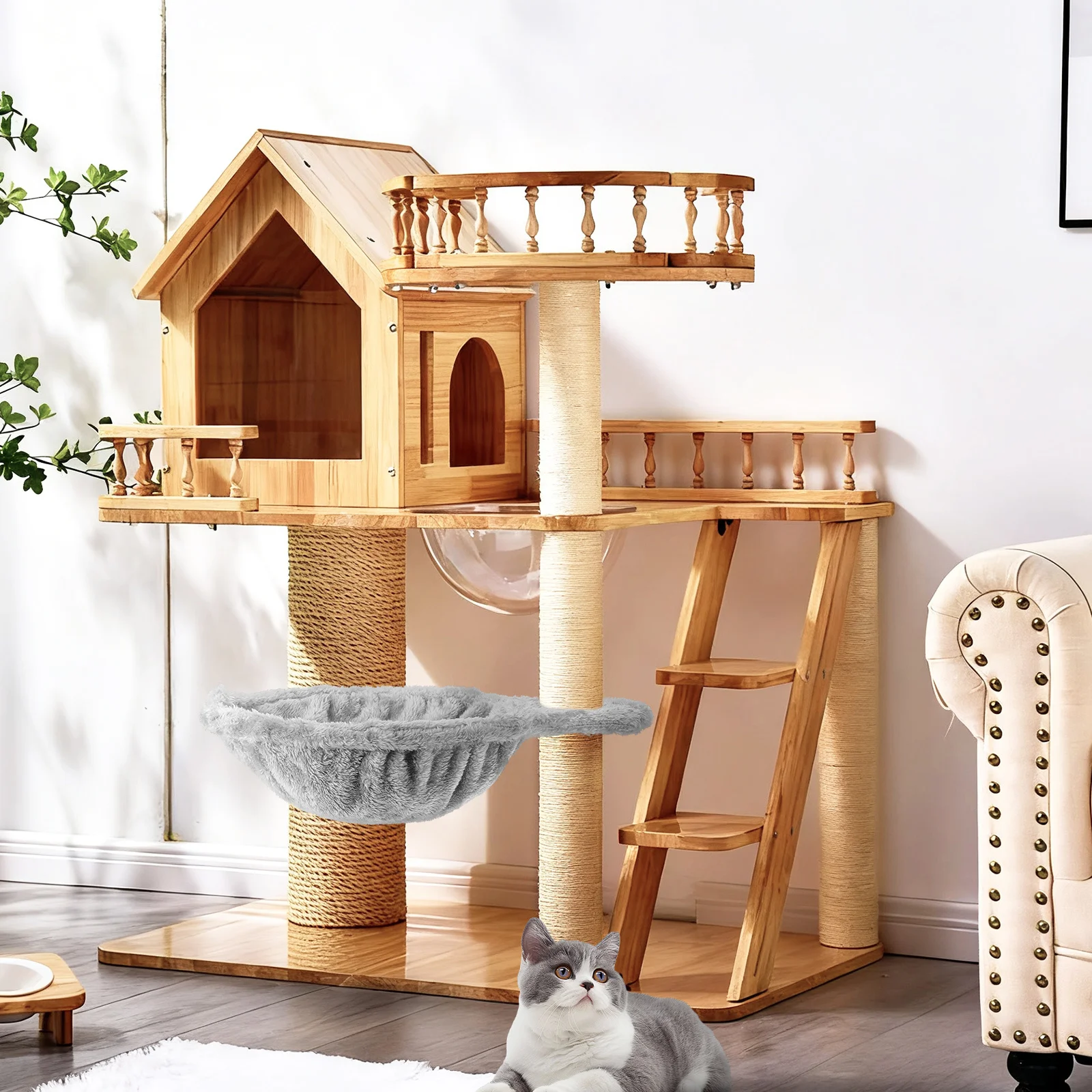 

DIY Cat Tree Hanging Hammock Cozy Round Nest Basket Lounger Bed for Indoor Cats Exercise Cat Climbing Accessories