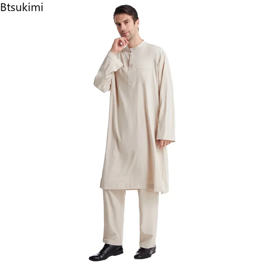 Muslim Arabic Men Jubba Thobe Button Clothes Suit Abaya Saudi Arabia Eid Turkey Kurtas Islamic Daily Dress Robe+Pants 2PCS Sets