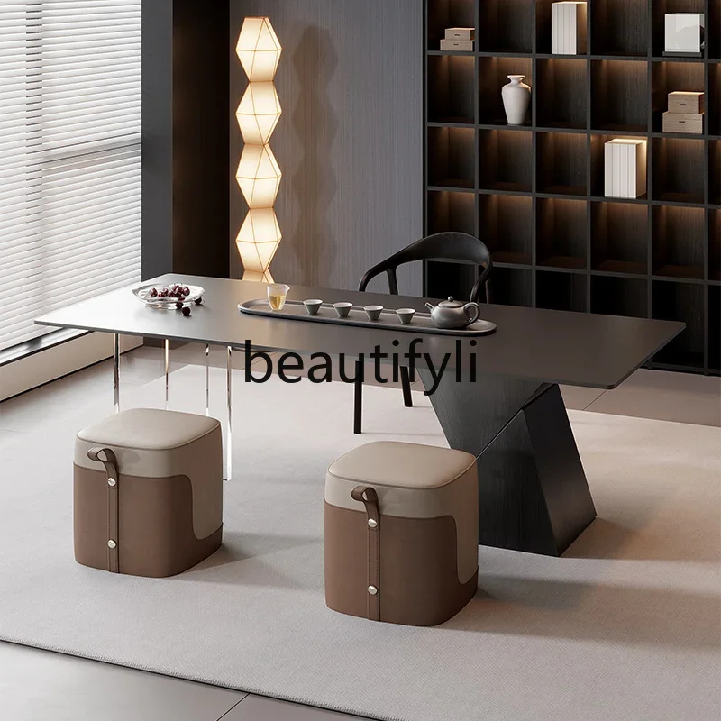 

Solid wood rock slab tea table and chair combination light luxury high-end tea table living room home office
