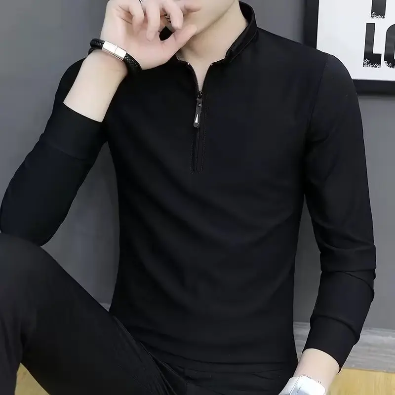 Casual Long Sleeve Stand Collar  Shirt Men's Korean Style Spring Autumn Black Base Layer Shirt Cotton Wool Fabric Pure Color