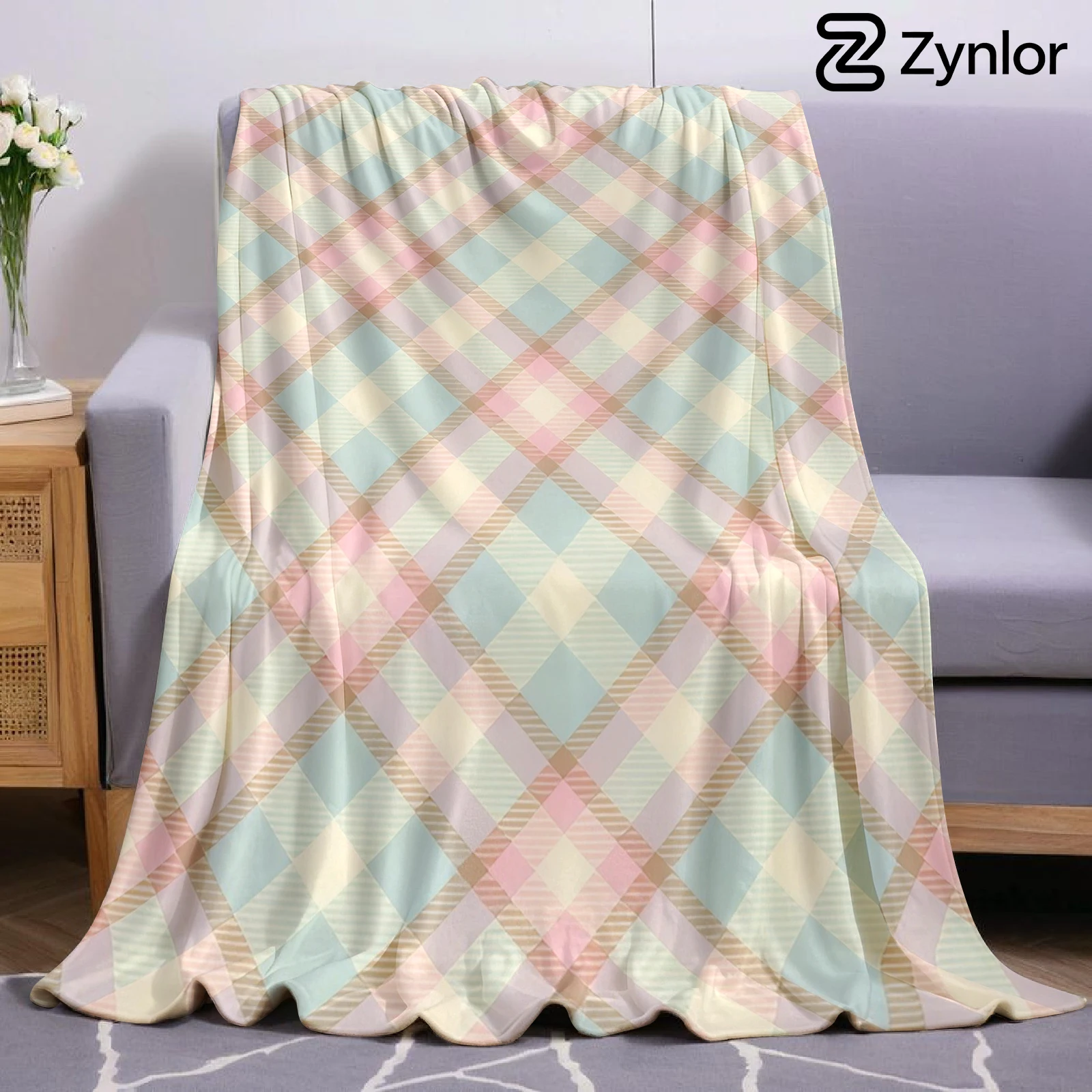 Pastel Diagonal Plaid Lightweight Microfiber Soft Christmas Fleece Blanket Warm Cozy Throw for Bed Sofa Office Travel All Season