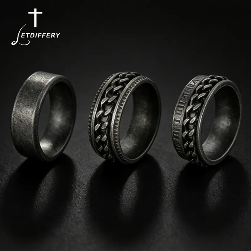 Letdiffery Vintage Punk Rings for Men Women Stainless Steel Antique Retro Metal Silver Gothic Rings Rock Hiphop Jewelry Gifts