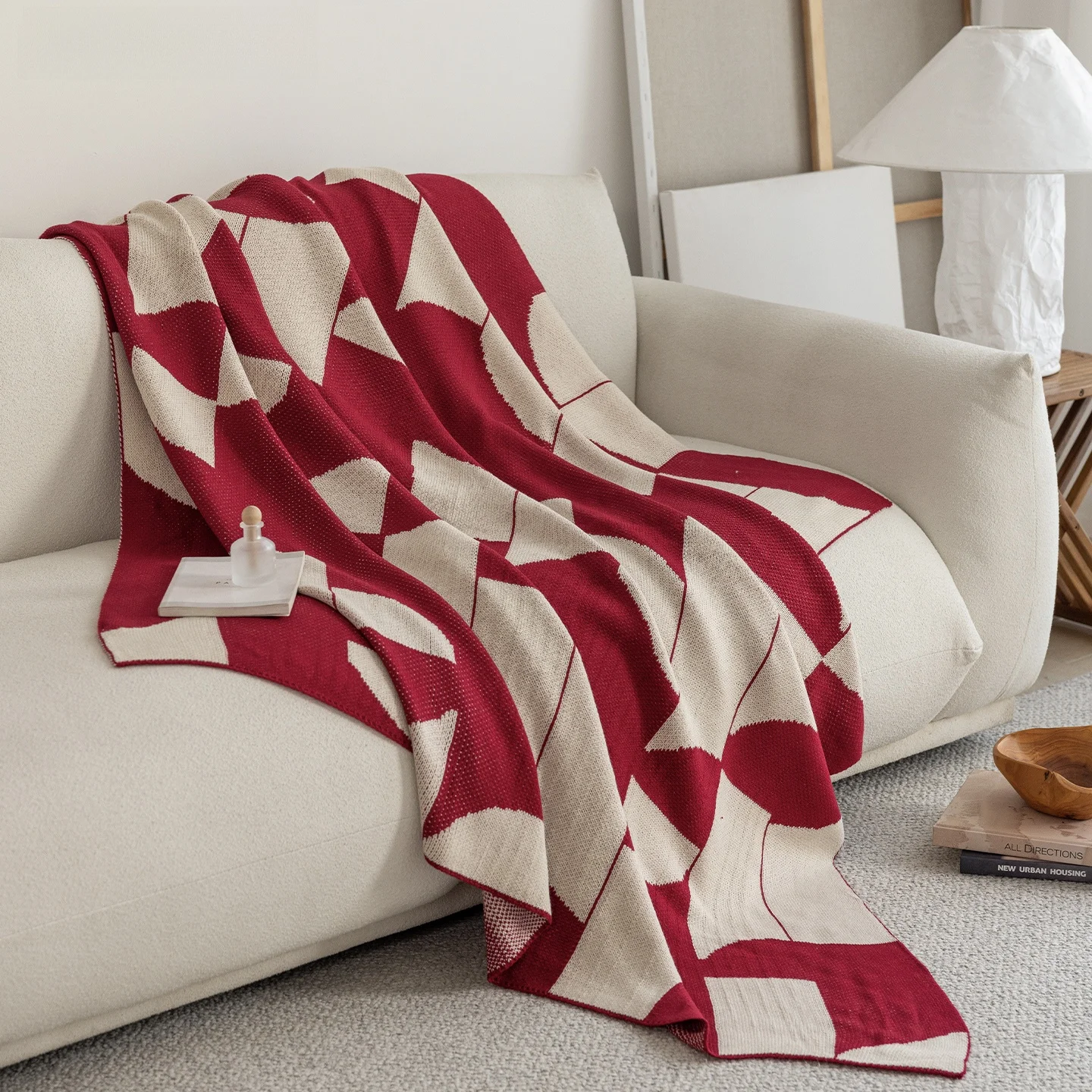 

Новогодний красный праздничный вязаный плед с геометрическим узором, теплый уютный плед-накидка на диван, простой плед для ног, плед для изножья кровати