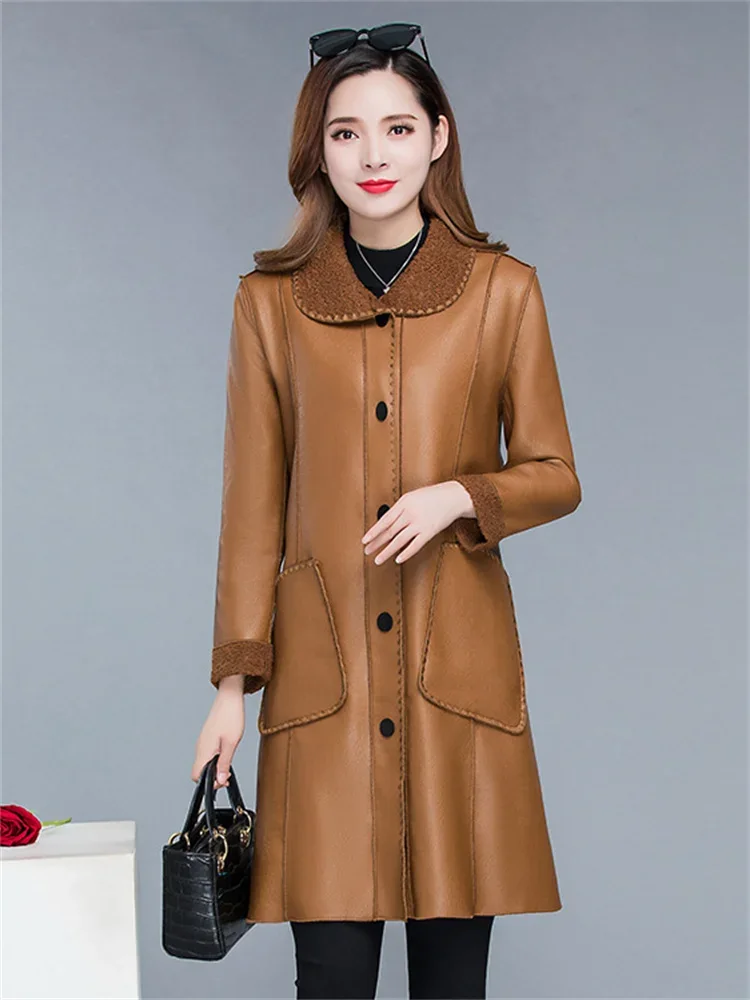 Winter Jacket Women Brown  Doll Collar 2023 Autumn New Korean Fashion Slim Add Velvet Long Faux Leather Coat Female