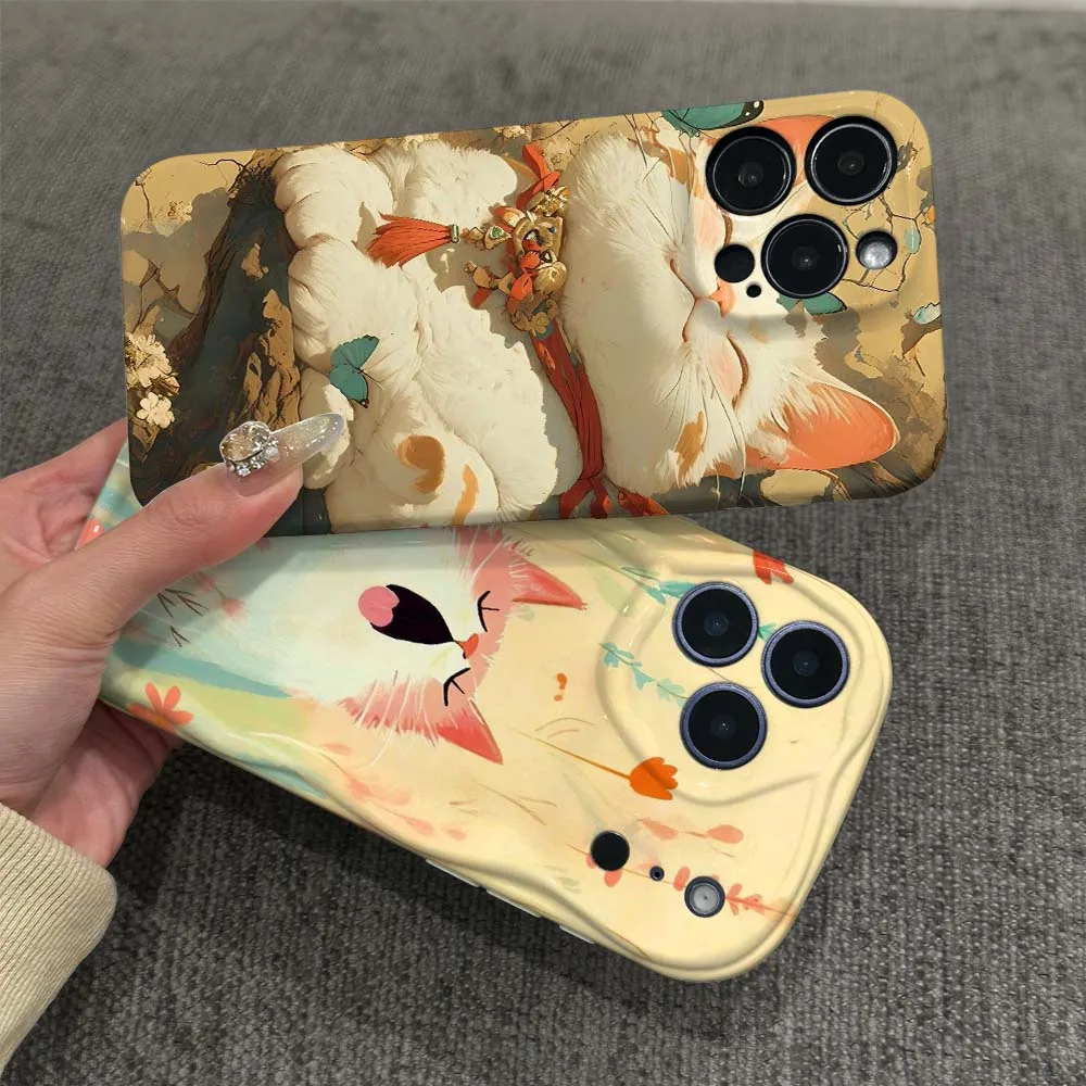 

Cartoon Cat Yawn Field Phone Case For Apple iPhone 8 7 11 12 13 14 15 16 17 16E SE X XS Plus Pro Max 2022 Wave Oil Film