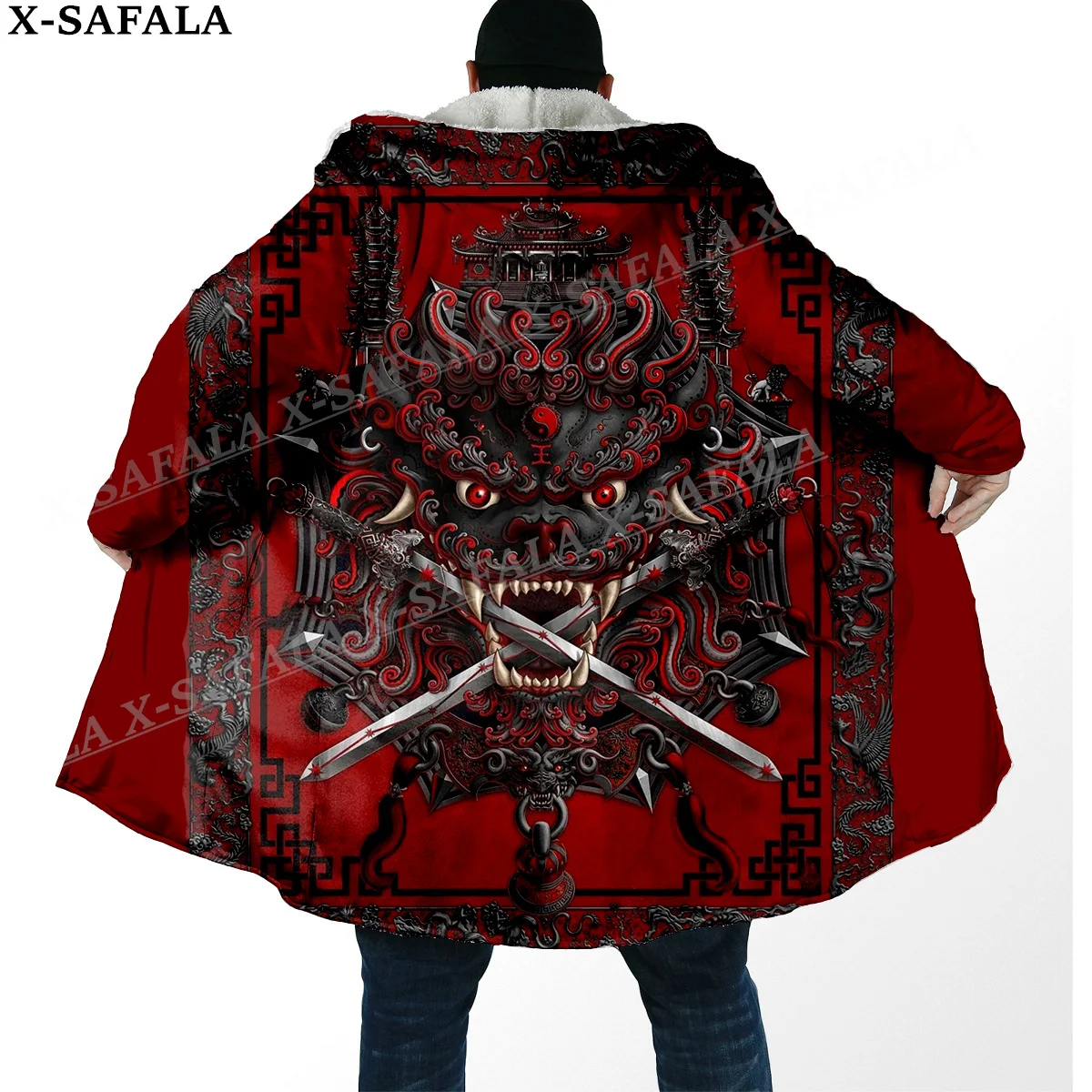 Throw Sword Lion The Eight Diagrams Print Thick Warm Hooded Cloak Men Overcoat Coat Windproof Fleece Cape Robe Hooded Blanket-2