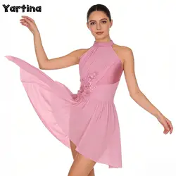 Women’s Shiny Rhinestones Gymnastic Artistic Skating Costume Ballet Lyrical Dance Leotard Dress Mesh Tulle Leotard Skirted Dress