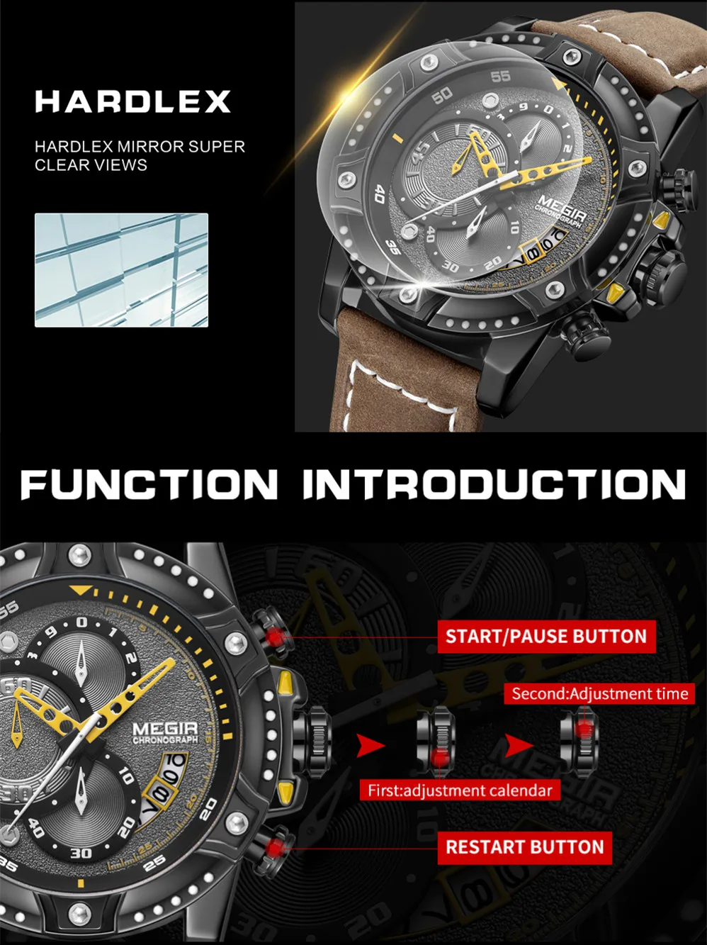 MEGIR Reloj Hombre Fashion Mens Watch Chronograph Leather Belt Casual Quartz Wristwatch Waterproof Male Sport Clock Montre Homme