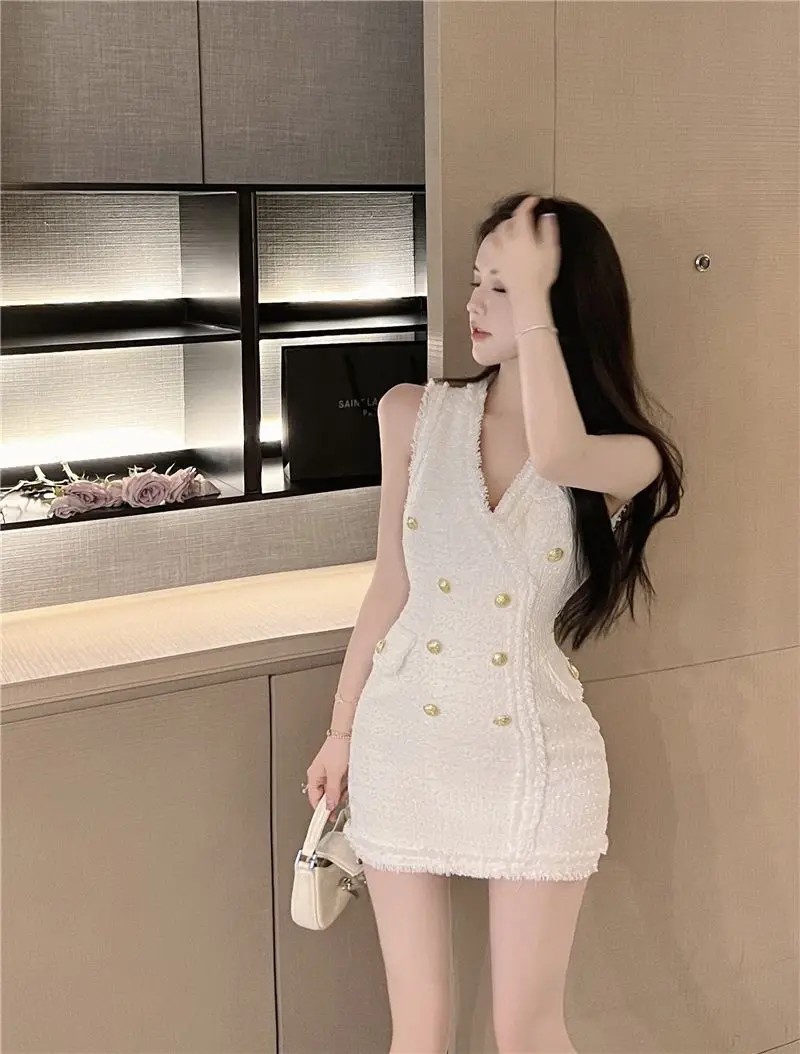 Vestido de verano de lana informal con cuello en V y borlas, sin mangas, doble botonadura, cintura alta, moda coreana, elegante, para fiesta