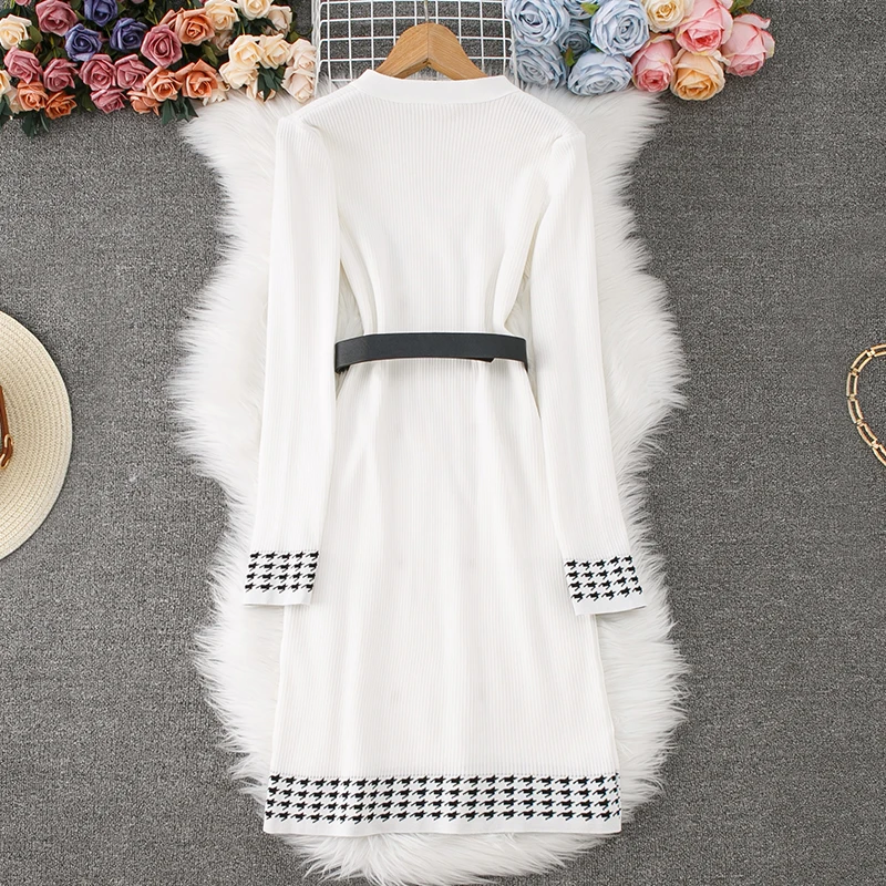 sweet Basic Slim Single Breasted lool sleeve v neck Dress  Vintage Korean Fashion Knit Vestido Women summer dresses