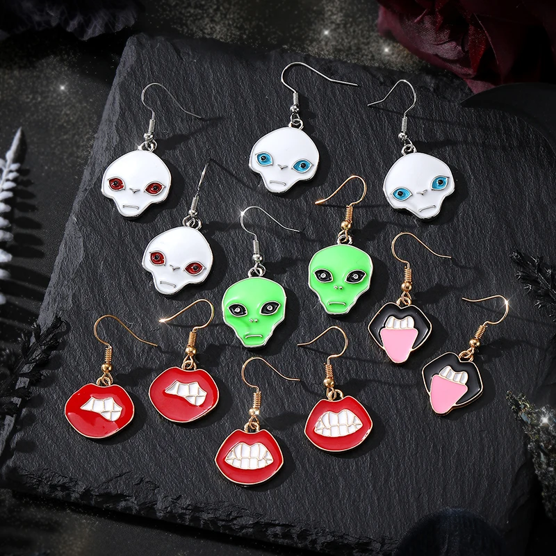 Funny Punk Alloy Red Lips Colorful Alien Earrings For Women Men Extra-terrestrial Drop Earrings Halloween Jewelry