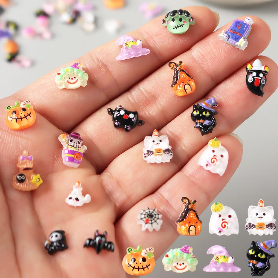 

Милый Черный Кот Призрак Тыква Летучая Мышь Череп Паук Украшения Для Ногтей Подвески Хэллоуин Стразы Украшения Для Ногтей Аксессуары