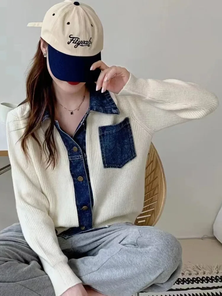 Cowboy Patchwork Sweater Women Lazy Pockets Vintage Versatile Temperament Loose Revers Long Sleeved Knitted Cardigan Jacket