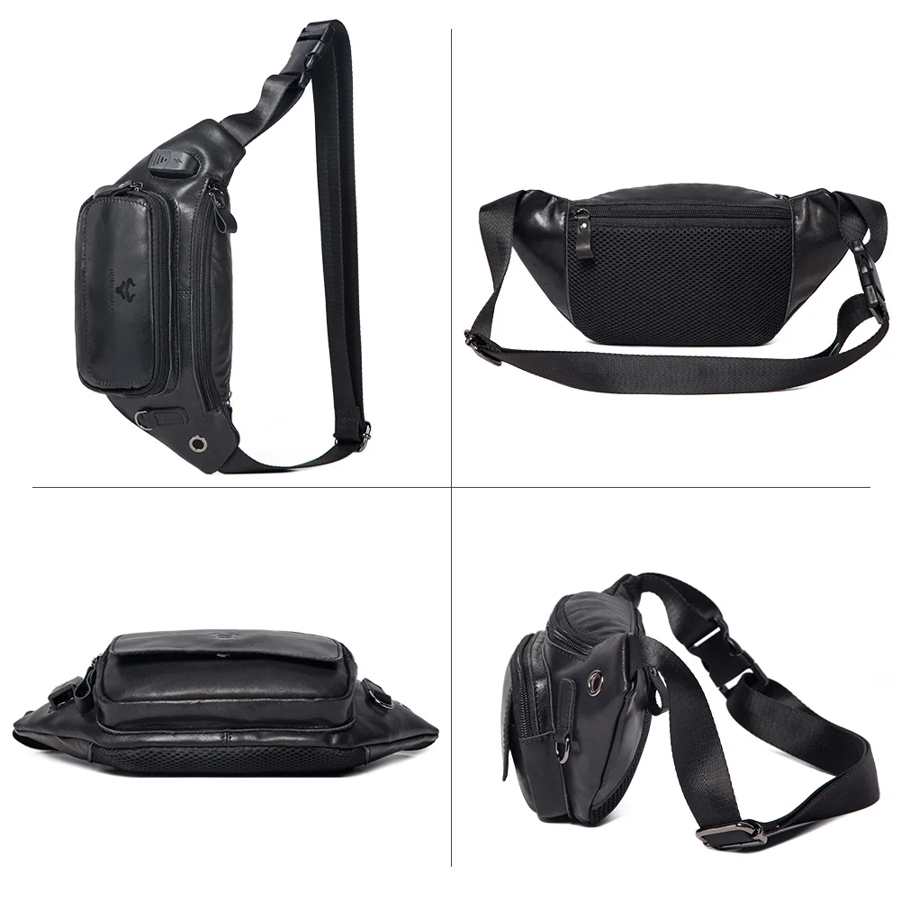 HUMERPAUL 100% Genuine Leather Chest Bag For Men Higt-Capacity With Durable USB Charging Crossbody Bag
